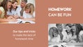 Composite of homework can be fun text over caucasian couple and children