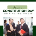 Composite of honouring constitution day text over caucasian lawyers and businesspeople