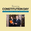 Composite of honouring constitution day text over diverse lawyers and businesspeople