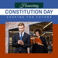 Composite of honouring constitution day text over diverse lawyers and businesspeople