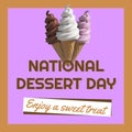 Composite of ice-cream cones and national dessert day, enjoy a sweet treat text on purple background Royalty Free Stock Photo