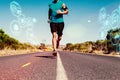 Composite image of athletic man jogging on open road