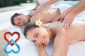 Composite image of attractive couple enjoying couples massage poolside