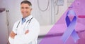 Composite image of awareness ribbon and caucasian smiling mature male doctor with arms crossed Royalty Free Stock Photo