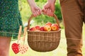 Composite image of basket of apples being carried by a young couple