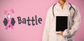 Composite image of battle text with female likeness and breast cancer awareness ribbon Royalty Free Stock Photo