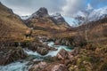 Composite image of beautiful red deer stag in Glencoe in Scottish Highlands in Winter with River Coe in foreground Royalty Free Stock Photo