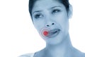 Composite image of beautiful woman licking lips while looking away Royalty Free Stock Photo