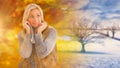 Composite image of blonde in winter clothes smiling Royalty Free Stock Photo