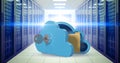 Composite image of blue locker in cloud shape with key and folder 3d