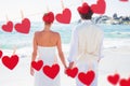 Composite image of bride and groom holding hands looking out to sea Royalty Free Stock Photo