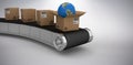 Composite image of brown cardboard boxes with globe on 3d conveyor belt Royalty Free Stock Photo