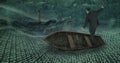 Composite image of businessman balancing in boat