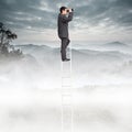 Composite image of businessman standing on ladder using binoculars Royalty Free Stock Photo