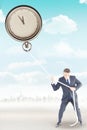 Composite image of businessman in suit pulling a rope Royalty Free Stock Photo