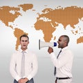 Composite image of businessman yelling with a megaphone at his colleague Royalty Free Stock Photo