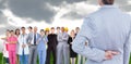 Composite image of businesswoman with fingers crossed behind her back over white background