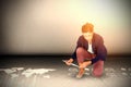 Composite image of businesswoman kneeling while using digital tablet Royalty Free Stock Photo