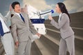 Composite image of businesswoman with megaphone yelling at colleagues Royalty Free Stock Photo