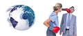 Composite image of businesswoman punching colleague with boxing gloves Royalty Free Stock Photo