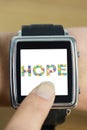 Composite image of businesswoman with smart watch on wrist