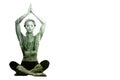 Composite image of calm blonde meditating in lotus pose with arms raised Royalty Free Stock Photo