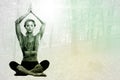 Composite image of calm blonde meditating in lotus pose with arms raised Royalty Free Stock Photo