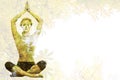 Composite image of calm blonde meditating in lotus pose with arms raised