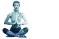 Composite image of calm blonde sitting in lotus pose with hands together Royalty Free Stock Photo