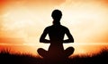 Composite image of calm blonde sitting in lotus pose with hands together Royalty Free Stock Photo