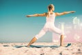 Composite image of calm woman standing in warrior pose on beach