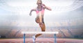 Composite image of caucasian female athlete jumping over hurdles against sports stadium Royalty Free Stock Photo