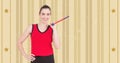 Composite image of caucasian female javelin thrower against stripes and stars on golden background