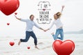 Composite image of cheerful couple holding hands and jumping at beach Royalty Free Stock Photo