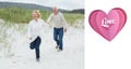 Composite image of cheerful senior couple running at beach