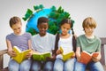 Composite image of children reading books at park Royalty Free Stock Photo
