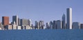 Composite image of city buildings of Chicago partially submerged due to global warming