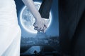 Composite image of close up of cute young newlyweds holding their hands