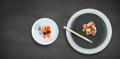 Composite image of close up of food with chopstick in plate Royalty Free Stock Photo