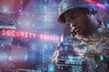 Composite image of close up of soldier aiming with rifle Royalty Free Stock Photo