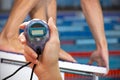 Composite image of close up of woman is holding a stopwatch on a white background Royalty Free Stock Photo