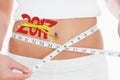 Composite image of closeup midsection of woman measuring waist