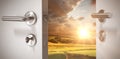 Composite image of closeup of wooden door with metallic doorknob