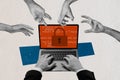 Composite image collage of hands type laptop password internet documentation important data confidential information