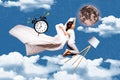 Composite image collage of happy little girl hold blanket bedding awake moon alarm lamp sleepwalker sky isolated on