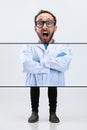 Composite image, collage with of young chemist, doctor shouting, screaming isolated on white background. Concept of Royalty Free Stock Photo