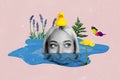 Composite image collage of young girl duck head pond lake river swim dive herbs flowers spring rest relax isolated on Royalty Free Stock Photo