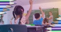 Composite image of colored pencils against group of students raising their hands in class at school Royalty Free Stock Photo