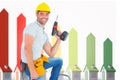 Composite image of confident handyman holding power drill while climbing ladder Royalty Free Stock Photo