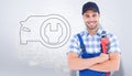 Composite image of confident young male repairman holding adjustable spanner Royalty Free Stock Photo